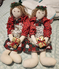 2 Hand Crafted Printed Face-Primitive Folk Christmas Rag Twin Cloth Girl Dolls