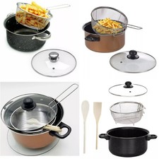 Large 24cm Chip Pan Deep Fat Fryer Cooking Pot Frying Basket With Glass Lid Set