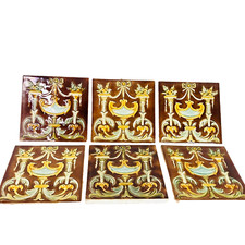 Antique Victorian Fireplace Tiles - Set of 6 Ornate Glazed Ceramic Tiles - Brown