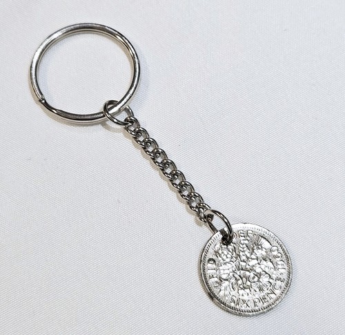 Sixpence silver coin keyring - silver,