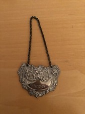 Vintage Silver Sherry Decanter Bottle Lion Head Label Display Tag Sign Signed