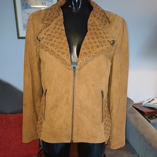 WOMENS JOE BROWNS TAN LEATHER BIKER JACKET CUT-OUT FLORAL DESIGN SIZE 10