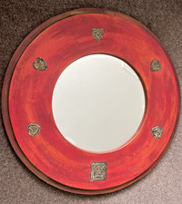 Vintage 90s Circular Wooden Mirror Red Hearts Textured Wall W:81cm Weight:8.9kg