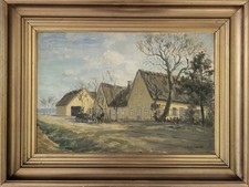 Antique oil. Luplau Janssen(1869-1927):”Farmhouse and horse-drawn waggon”