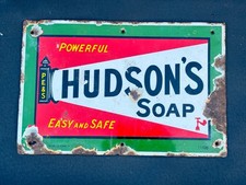 Old Vintage Antique Enamel Sign Shop Advert Hudson's Soap Polish Tin Can Box