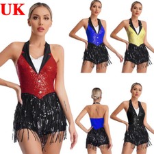 UK Womens Tuxedo Jazz Latin Dance Costume Sequins Tassels Leotard Jumpsuit Dress