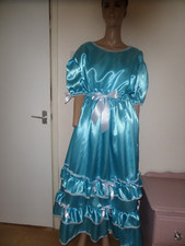 ABDL SISSY TURQUOISE BLUE SATIN WHITE LACE PRETTY FRILLY DRESS 52" C FULL LENGTH