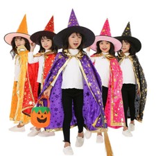 Witch Halloween Costume For Kids Wizard Cloak Cape With Hat Girls Boys Costume