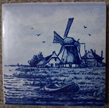 Delft Blue vintage ceramic decorative tile, blue & white, hand-painted, windmill