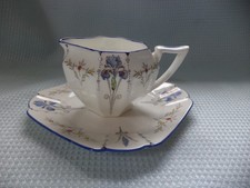 1920s Shelley Queen Anne Shaped Milk Jug And Saucer  Blue Iris Pattern