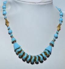 GORGEOUS VINTAGE CZECH FRILLED NECKLACE WITH PRESSED TURQUOISE GLASS BEADS