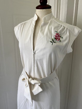 Vintage Elka Couture 70s Ivory Embroidered Floral Slinky Belted Zip Front Dress
