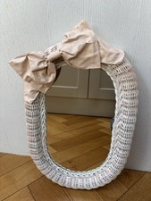 Vintage White Wicker Oval Shaped Shabby Chic Country Style Mirror With Pink Bow