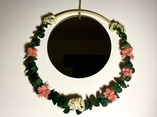 Round Floral Mirror With Wooden Ring Surround Leaves Faux Flowers Wreath Frame