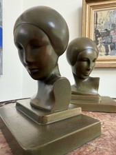 Rare Antique Frankart USA Art Deco Lady Head Statue Sculpture Book Ends Bronze