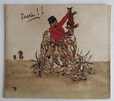 Antique Humorous Hunting Watercolour – Foxhunt Caricature, Signed PB