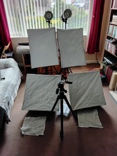 Two sets of photography studio lights a manfrotto tripod plus weights