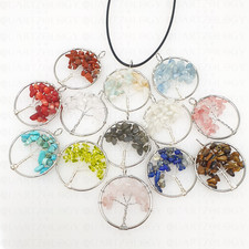 Healing Quartz Tree of Life Gemstone Round Wire Wrap Pendant Necklace