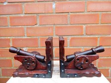 Pair of Vintage Solid Wooden Cannon and Wrought Iron Bookends
