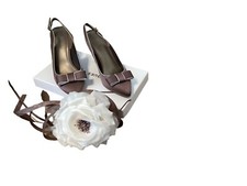 Jacques Vert Mocha? Ivory Satin Stilleto shoes 4 + Bag + Fascinator