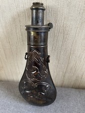 Vintage Stamped JW Hawksley Brass & Copper Gun Powder Flask 20cm 8cm 4cm