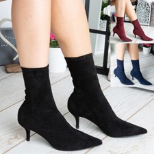 Womens Ankle Boots Ladies Mid Kitten Heel Pointed Toe New Comfy Sock Shoes Size 