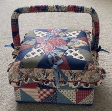 Vintage Fabric Covered Square Hinged Sewing Box With Handle & Contents
