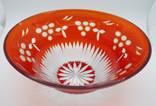 VINTAGE CUT TO CLEAR ORANGE/RED GLASS BOWL WITH A FRUITS DESIGN