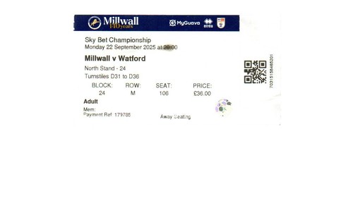 Used ticket millwall v - ticket,