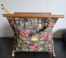 Vintage Wooden Frame Handle Folding Knitting Craft Bag Mid century Basket