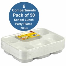 School Lunch Plates Plastic 6 Compartments Tray Reusable White Party Plates 50PK