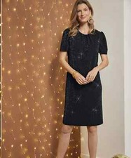 DAMART Ladies Knee Length Stretch Dress Size 16 Black Sparkle Short Sleeve NEW