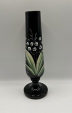 Antique Hand Painted Black Glass Bud Vase 17cm Tall Floral Design