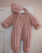 M&S Pink Baby Girl Fluffy Teddy Pram suit Snowsuit Up To One Month