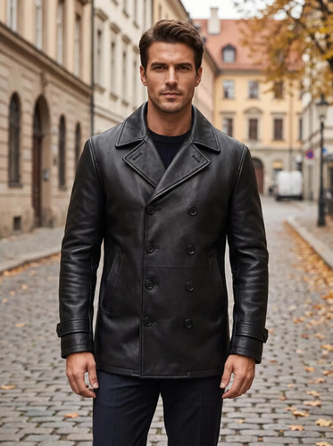 Men black leather peacoat - men's,