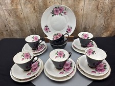 Vintage 18pc Sampson Smith c1935 Art Deco Black Pink Primrose Tea Service