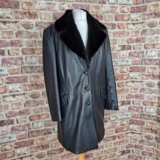 SAGA IBANEZ Leather Coat Black Womens UK 16 Knee Length Fur Trim