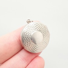 Antique Solid Silver Locket Art Deco Geometric Pattern Round Circle Necklace