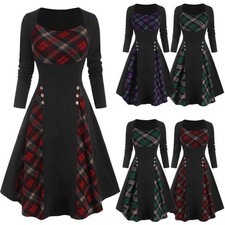 Womens Plaid Check Skater Dress Steampunk Gothic Party Swing Dresses Costume