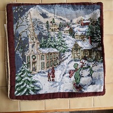 Tapestry Christmas Cushion Cover Needlepoint LINENS & LACE Snowman   Season Vtg