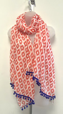 New! Joules rectangular white and red geometric script blue pom pom end scarf