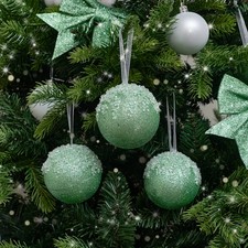 Set of 3 Round Sage Green Glitter Frosted Baubles Christmas tree decorations