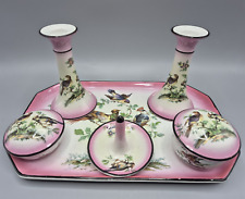 Antique Porcelain 6 Piece Pink Vanity Dressing Table Tray Set With Bird Design