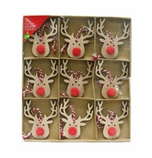 9x Reindeer Christmas Tree Decoration Wooden Rustic Hanging Red Nose Hang Bauble