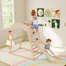 4-in-1 Jungle Gym Wooden Indoor Toddler Playground w/Slide-Natural