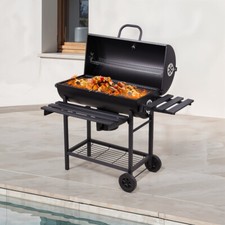 Outdoor Barrel Barbecue Grill with Rollers & Handle 2 in 1 Grilling & Smoking