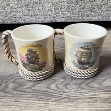 Vintage Nautical Mugs Sailing Ships Boats W/Rope Handle X 2
