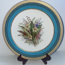 ROYAL WORCESTER 1875 WY FLORAL CABINET PLATE TURQUOISE BLUE BORDER GOLD RIM 9”