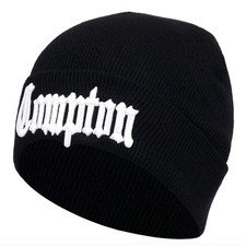 Black Embroidered White COMPTON Cuffed Beanie Hip-Hop Style Warm & Comfortable
