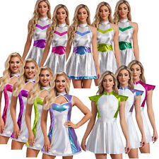 UK Womens Shiny Metallic Holographic Halloween Alien Cowgirl Robot Costume Dress